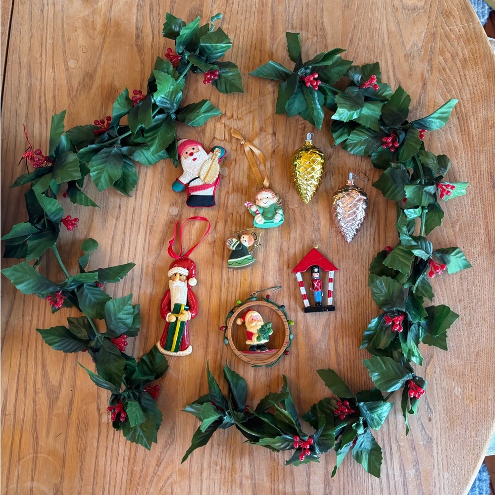 Vintage Christmas Holly Winter Garland With 11 Vintage Ornaments And Candy Canes